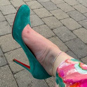 EUC Teal Suede Christian Louboutin Pumps + Dust Bag & Bottoms Refinished